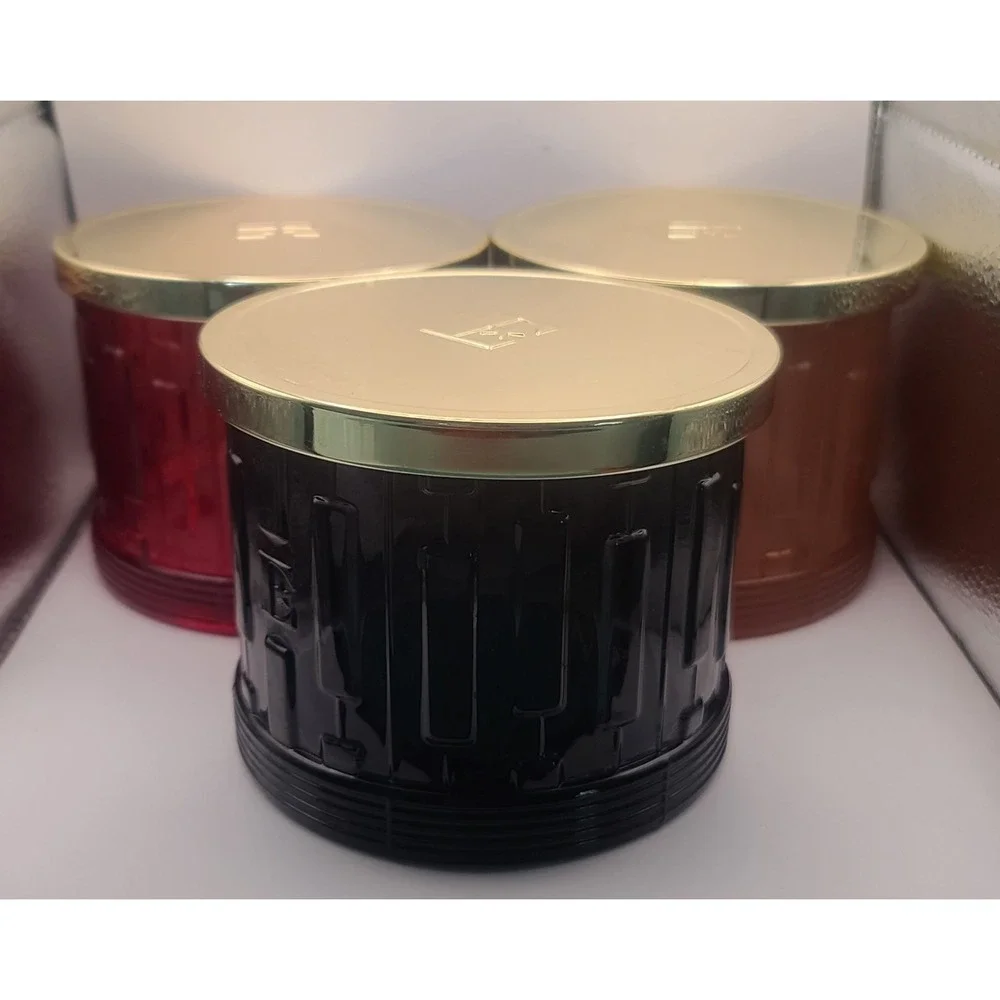 3 Elton John EMPTY Candle jars W/ Lids & E logo Piano Key Black Gold Red ReUse